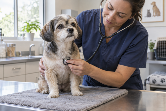 Een oudere kleine hond met grijze snuit wordt rustig met een stethoscoop aan het hart onderzocht door een dierenarts.