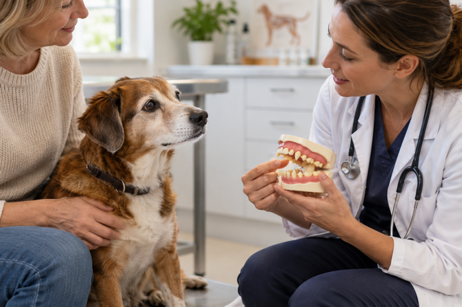 Een oudere bruin-witte hond zit rustig bij zijn eigenaar terwijl een dierenarts een gebitsmodel bespreekt.