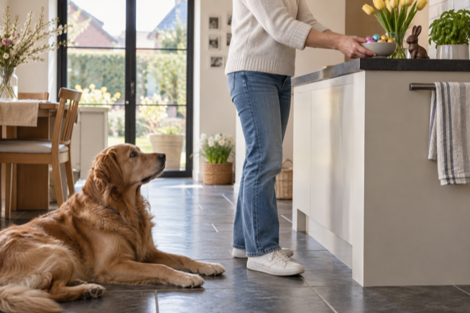 Hond ligt rustig in de keuken terwijl chocolade paaseitjes op het aanrecht buiten bereik worden gezet.