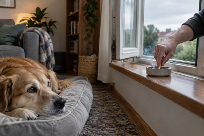 Hond ligt binnen terwijl een sigaret bij een open raam wordt gedoofd.