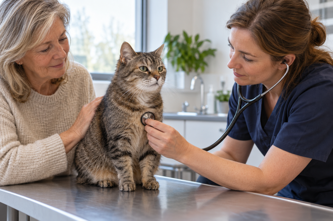 Een rustige oudere kat wordt door een dierenarts met een stethoscoop onderzocht terwijl de eigenaar haar geruststelt.