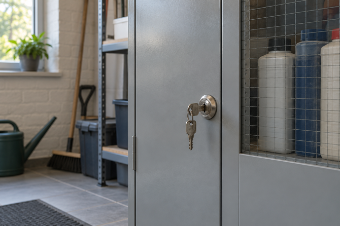 Gesloten metalen opbergkast met sleutelslot en verzegelde producten achter veiligheidsglas