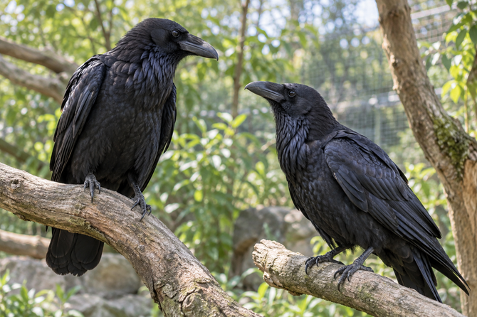 Twee gezonde raven zitten rustig op nabije takken in een groene volière en kijken naar elkaar.
