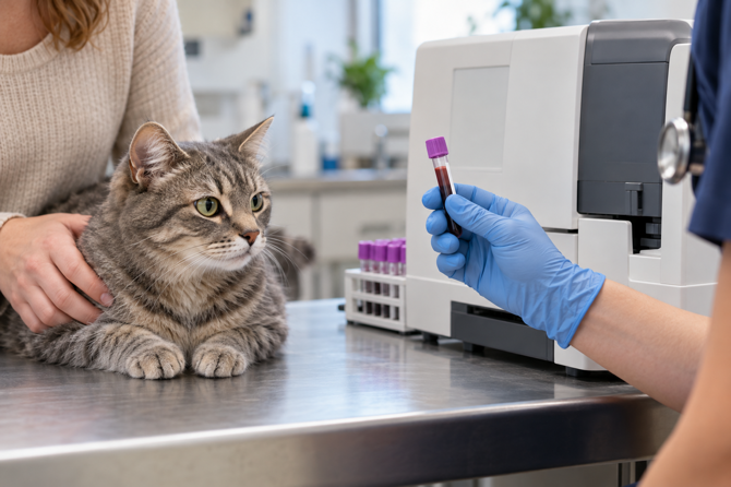 Een dierenarts houdt een gesloten paars EDTA-bloedbuisje naast een hematologie-analyzer; een grijsbruine tijgerkat rust bij haar eigenaar op de onderzoekstafel.
