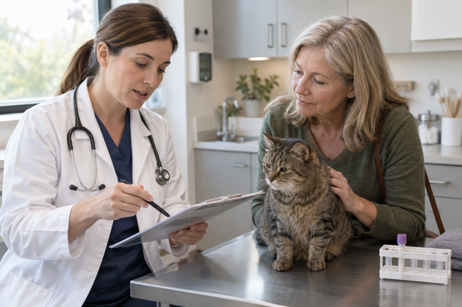 Dierenarts bespreekt een nierbloedtest bij een oudere kat met haar eigenaar.
