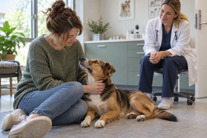 Ontspannen hond ligt naast zijn eigenaar in een rustige dierenartspraktijk terwijl een dierenarts hun contact observeert.