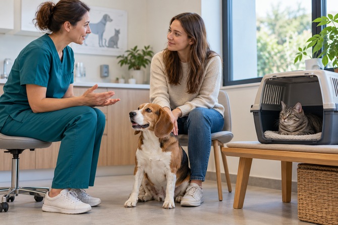 Een beagle zit naast zijn eigenaar bij een dierenarts in blauwe werkkleding; een grijs gestreepte kat ligt apart in een open reismand op een lage bank.