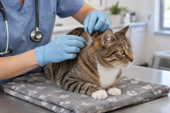 Dierenarts controleert de hals van een kat zorgvuldig op teken.