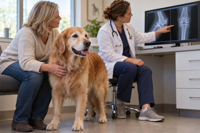 Oudere golden retriever staat ontspannen bij zijn eigenaar terwijl een dierenarts een knieröntgenfoto bespreekt.