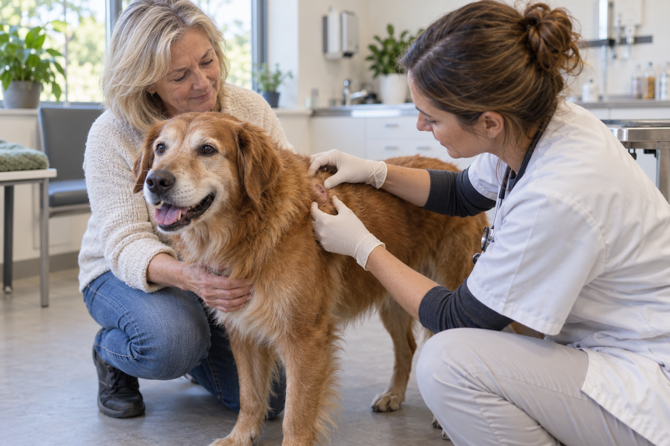 Dierenarts onderzoekt rustig een kleine huidzwelling bij een oudere hond met grijze snuit, terwijl de eigenaar erbij zit.