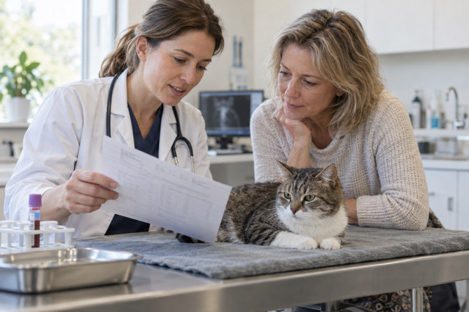 Dierenarts bespreekt de bloeduitslagen van een oudere kat met haar eigenaar.