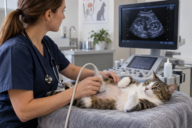 Dierenarts onderzoekt de nieren en urineleiders van een kat met een echo.
