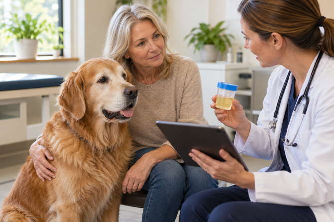 Oudere goudkleurige hond zit rustig naast zijn eigenaar terwijl de dierenarts een gesloten urinemonster bespreekt.