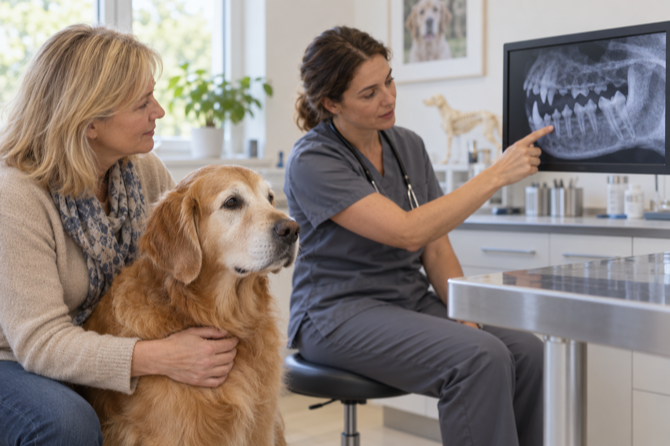 Oudere hond met grijze snuit zit rustig naast zijn eigenaar terwijl de dierenarts een tandfoto bespreekt.