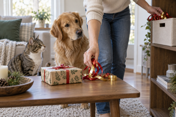 Eigenaar ruimt verpakkingslinten op terwijl hond en kat toekijken.