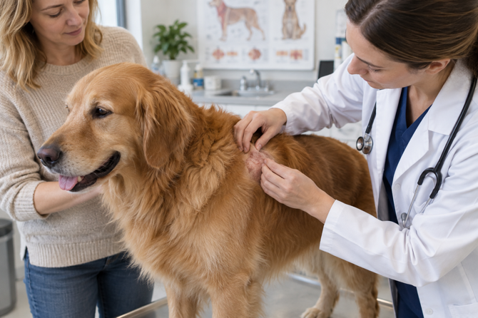 Dierenarts onderzoekt de huid van een hond met chronische atopische jeuk.