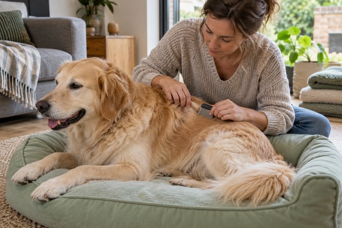 Eigenaar controleert de rugvacht van een ontspannen goudkleurige hond met een vlooienkam terwijl hij op een groene hondenmand ligt.