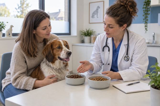Dierenarts bespreekt in een rustige spreekkamer twee bakjes hondenvoer met de eigenaar van een ontspannen bruine hond.