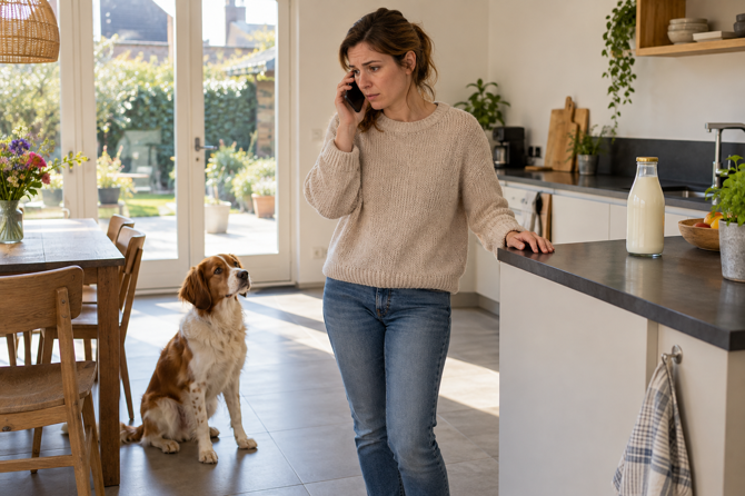 Bezorgde eigenaar belt de dierenarts terwijl een fles melk onaangeroerd op het aanrecht staat en haar hond rustig wacht.