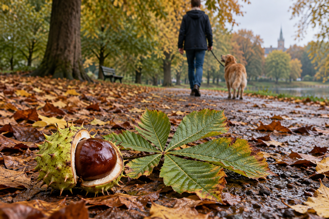 Paardenkastanje met groene stekelige bolster en handvormig blad, terwijl een eigenaar haar hond op afstand weg leidt.
