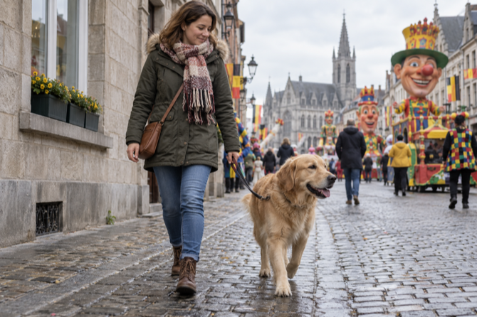 Hond wandelt aangelijnd met eigenaar door een straat tijdens carnaval.