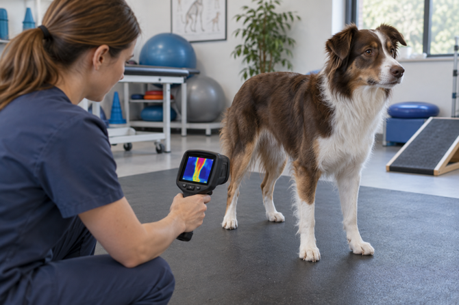 Dierenarts maakt met een warmtecamera een thermografisch beeld van de achterpoot van een hond.