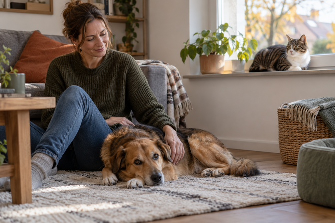 Een ontspannen hond ligt bij zijn eigenaar op een kleed terwijl een kat rustig op de vensterbank zit.