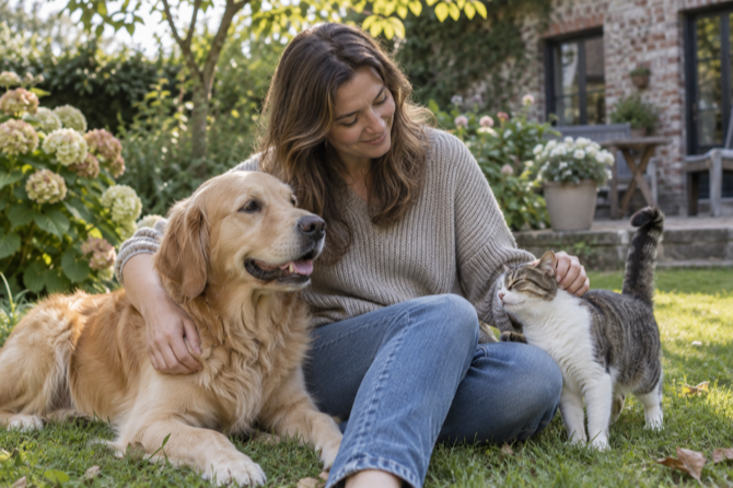 Hond, kat en eigenaar ontspannen samen in een groene tuin.