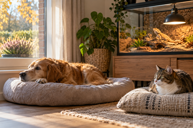 Hond en kat rusten elk op hun eigen plek in ochtendlicht; een baardagaam zit in een verlicht terrarium.