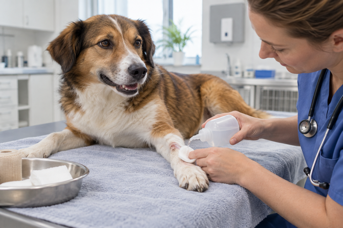 Dierenarts spoelt zorgvuldig een oppervlakkige wond aan de voorpoot van een hond.