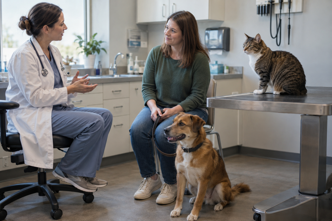 Dierenarts bespreekt wormpreventie voor een hond en kat met hun eigenaar.