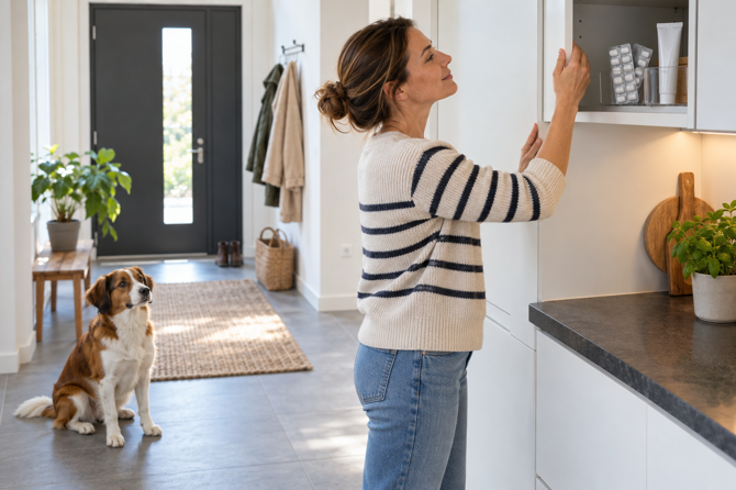 Hond kijkt toe terwijl suikervrije producten veilig in een hoge kast worden opgeborgen.