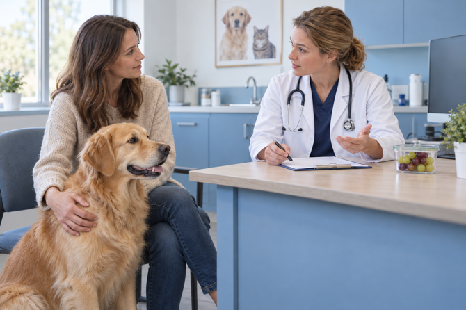 Dierenarts bespreekt met de eigenaar van een rustige golden retriever een afgesloten bakje druiven buiten bereik van de hond.