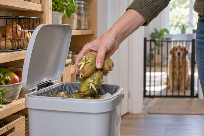 Groene en gekiemde aardappelen worden veilig in een afgesloten afvalbak gedaan, terwijl een hond op afstand blijft.
