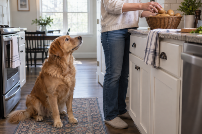 Hond zit in de keuken terwijl rauwe aardappelen buiten bereik op het aanrecht staan.