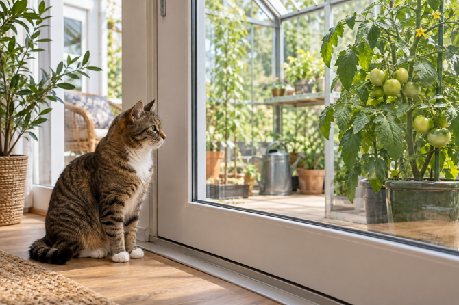 Tomatenplant met groene vruchten veilig achter een gesloten glazen deur, met een kat op afstand aan de andere kant.