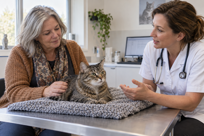 Oudere kat ligt ontspannen op een zachte deken tijdens een gesprek tussen eigenaar en dierenarts over de dagelijkse zorg.