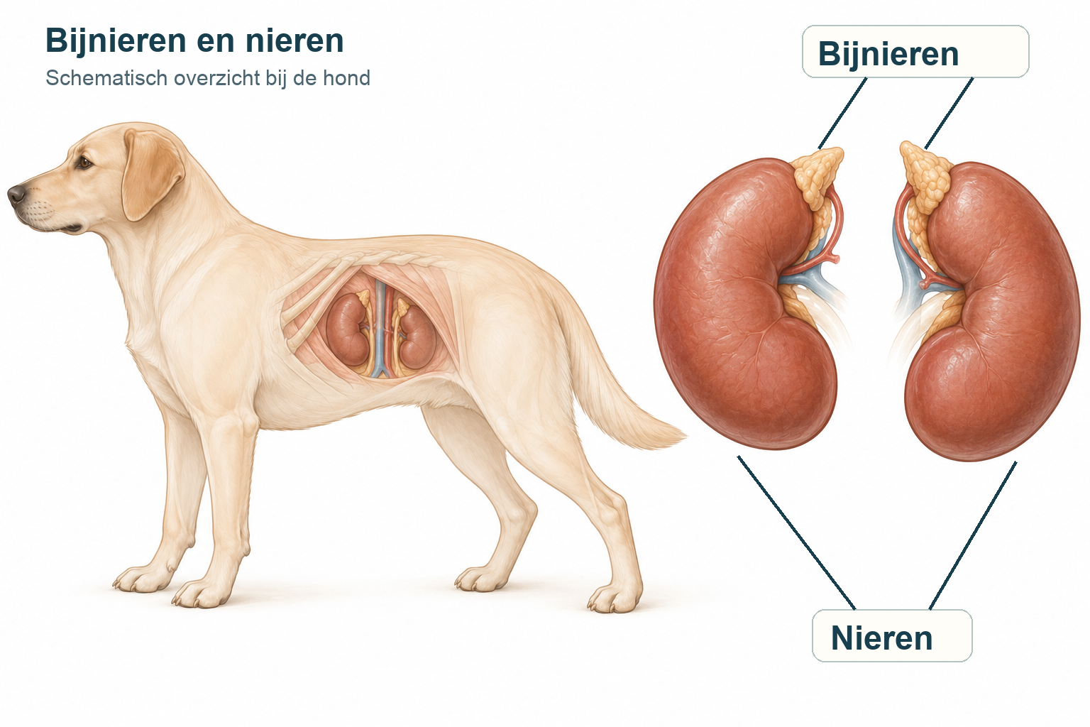Atlasillustratie van een goudkleurige hond met de nieren en bijnieren op hun plaats; rechts een gelabelde vergroting van beide nier-bijnierparen.