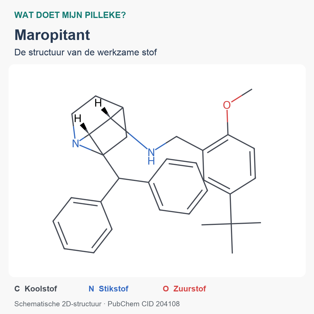 Gecontroleerde chemische structuurformule van maropitant met gekleurde atoomlabels.