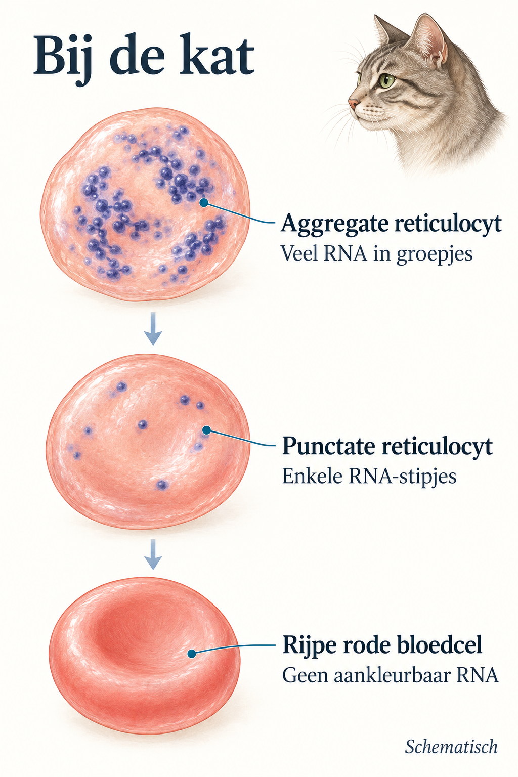 Schematische rijping bij de kat: aggregate reticulocyt met groepjes RNA, punctate reticulocyt met losse stipjes en een rijpe rode bloedcel.