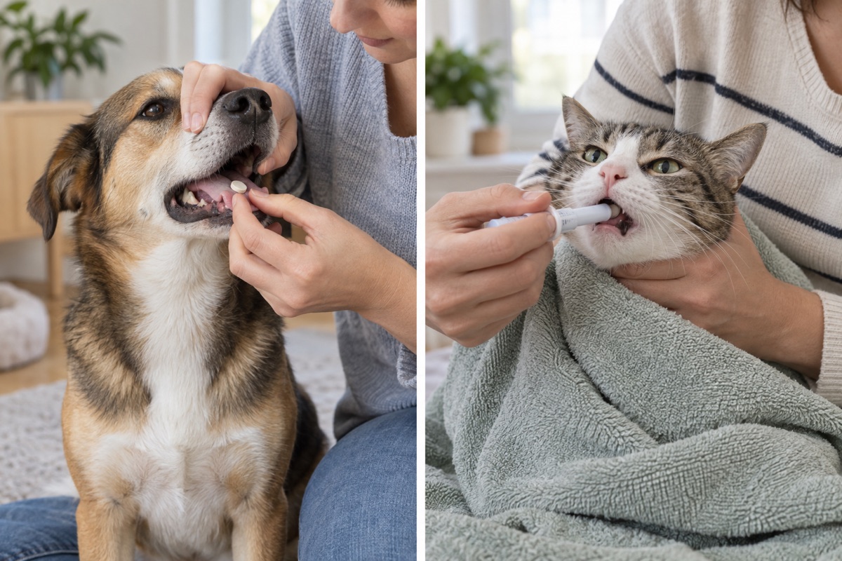 Veilige tablettoediening bij hond en kat: rustig achter op de tong plaatsen en bij de kat een passende pillenschieter gebruiken